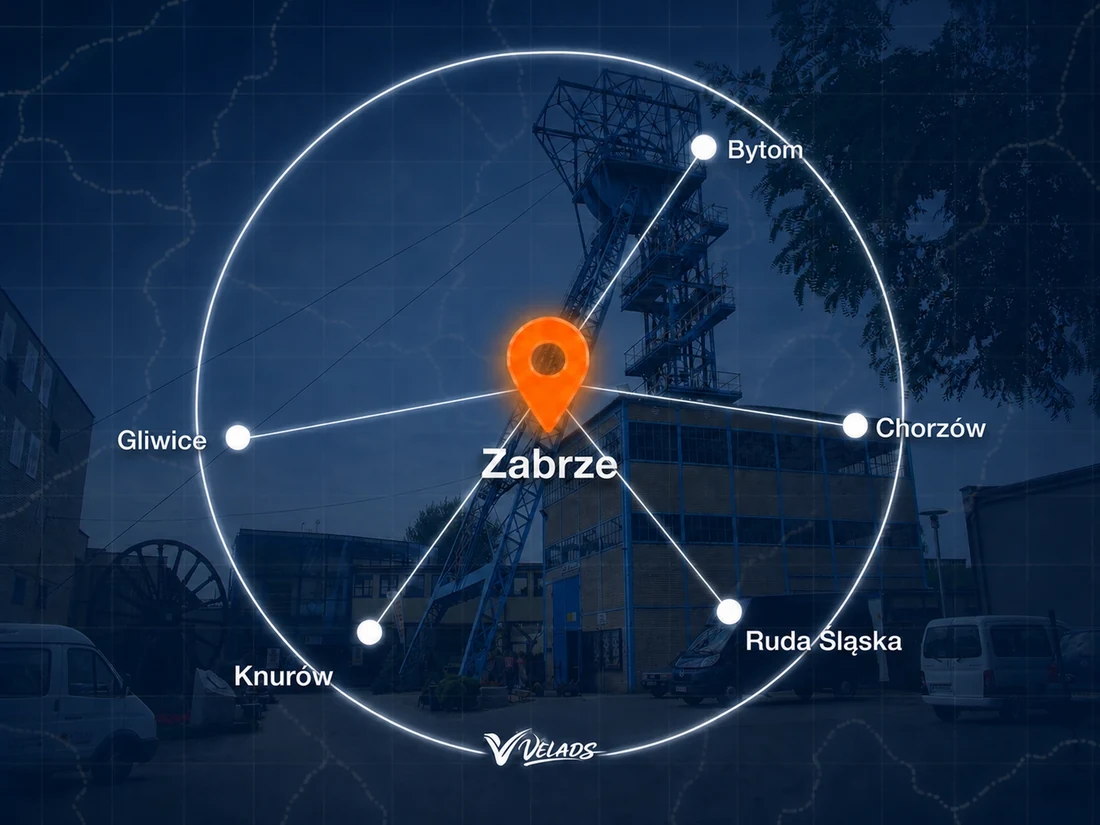 Mapa zasięgu Velads — Zabrze i okolice: Bytom, Chorzów, Ruda Śląska, Knurów, Gliwice