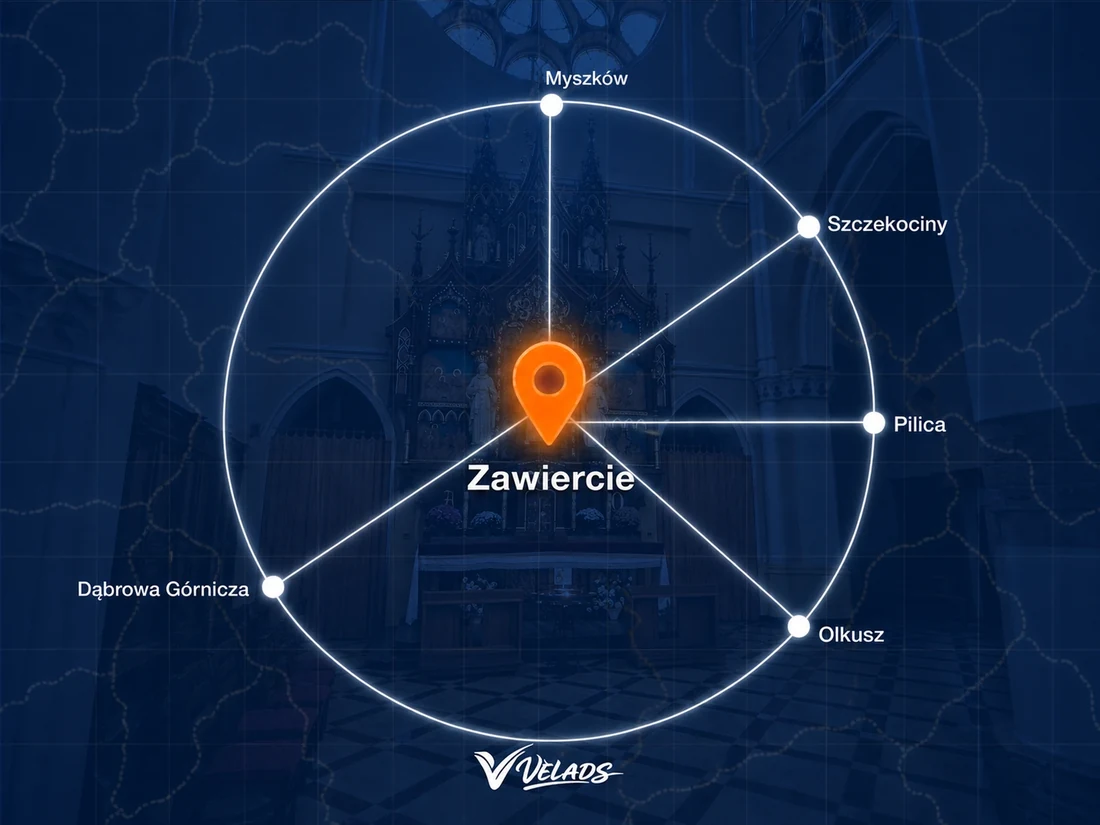 Mapa zasięgu Velads — Zawiercie i okolice: Myszków, Szczekociny, Pilica, Olkusz, Dąbrowa Górnicza